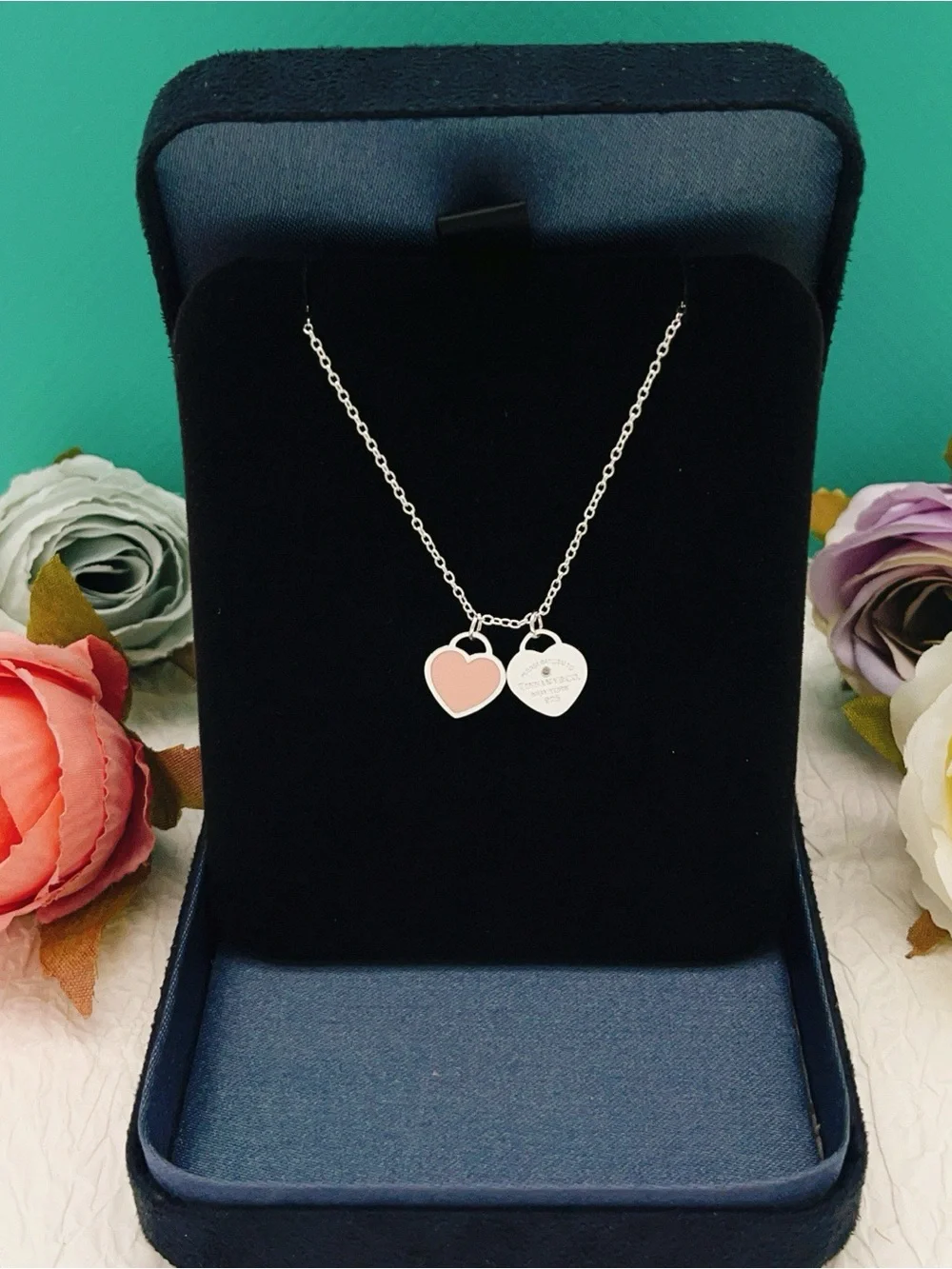 Tiffany & Co. Double Heart Pendant Necklace in Pink and Silver